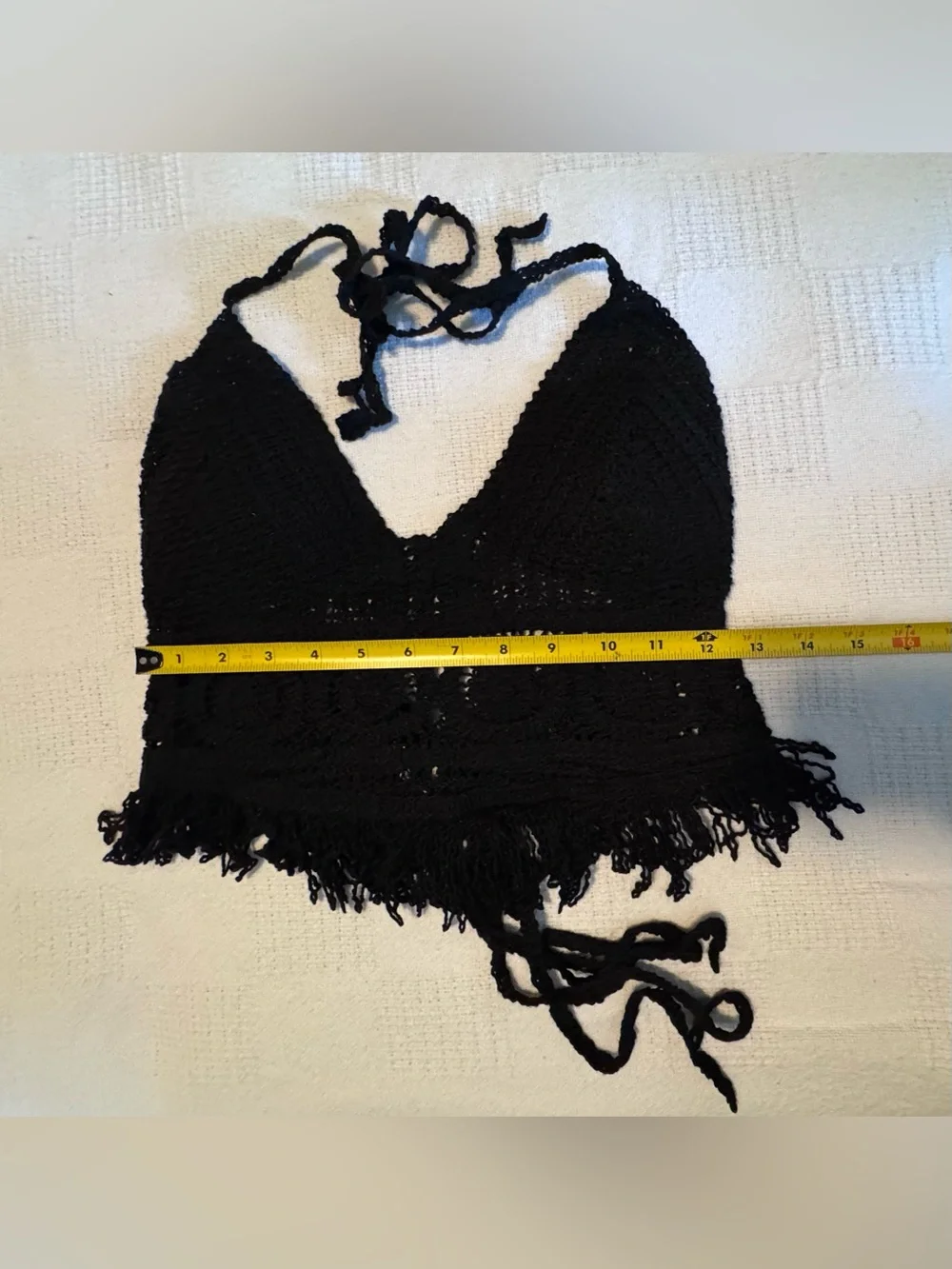 Black Crochet Halter Bikini Top with Fringe Trim